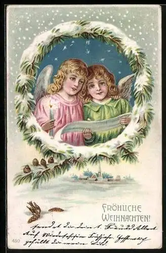 Lithographie Fröhliche Weihnachten!, Weihnachtsengel in Tannengrünkranz