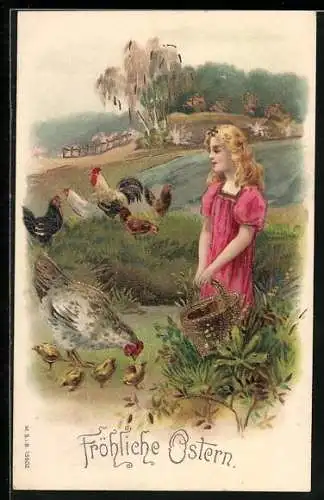 AK Mädchen auf Ostereiersuche im Grünen mit Osterküken