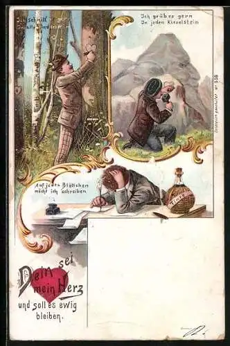 Lithographie Ich schnitt es gern in alle Rinden ein..., Dein sei mein Herz und soll es ewig bleiben
