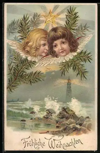 Lithographie Weihnachtsengel und Leuchtturm in rauer Winternacht