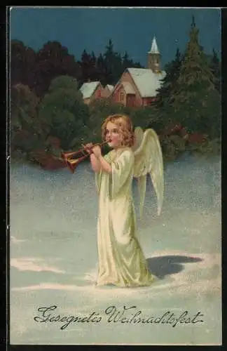AK Weihnachtsengel mit Posaune im Schnee, Gesegntes Weihnachtsfest