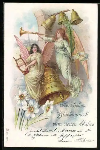 AK Neujahrsengel musizieren und läuten Glocken