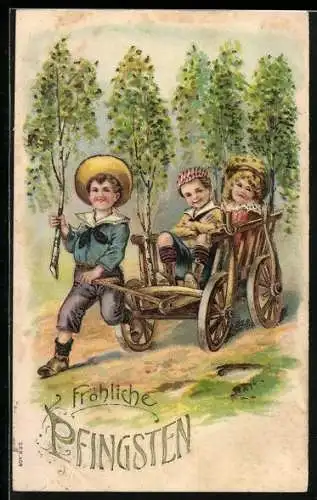 Präge-AK Drei Kinder mit einem Karren im Wald, Fröhliche Pfingsten