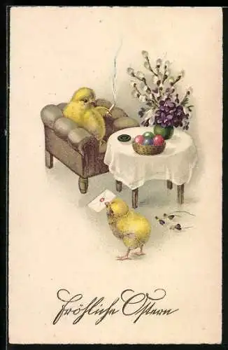 AK Osterküken sitzt rauchend auf einem Sessel, ein andere bringt ihm einen Brief