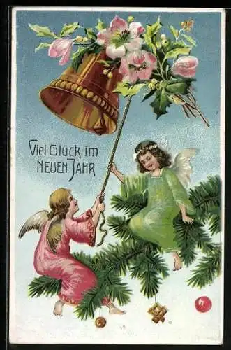 AK Viel Glück im Neuen Jahr, Neujahrsengel und Glocke