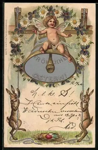 AK Fee sitzt auf einer Glocke, die von zwei Osterhasen geleutet wird