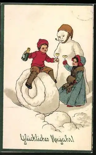 AK Zwei Kinder stossen auf das neue Jahr an, Schneemann