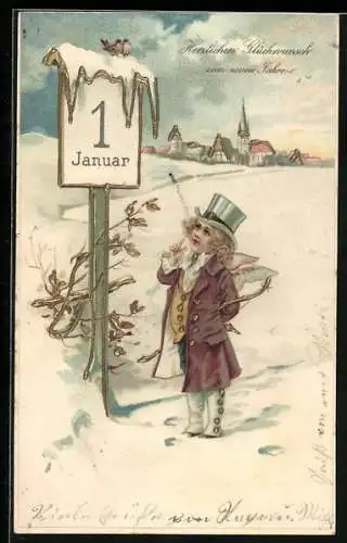 AK Amor im Schnee vor einem Schild, Neujahr