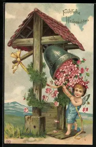 AK Weihnachtsengel läutet eine mit Blüten gefüllte Glocke