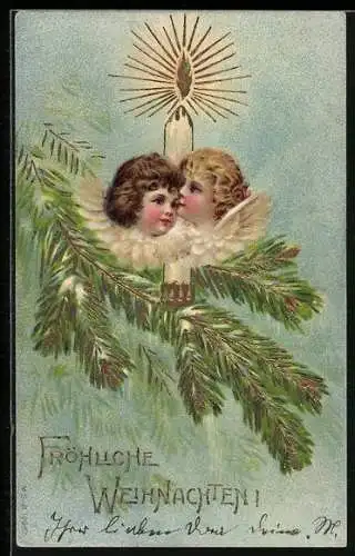 AK Weihnachtsengel und Kerze am Christbaum