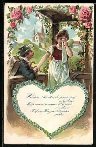 AK Holder Schatz, dass ich muss scheiden..., Liebespaar und Blumenherz