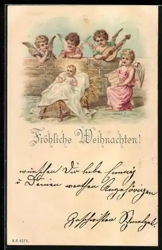 AK Weihnachtsengel um das Christkind versammelt, Fröhliche Weihnachten