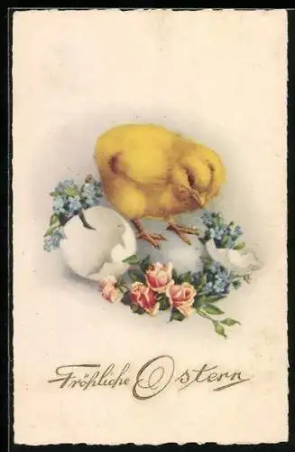 AK Osterküken mit Blumenkranz, Fröhliche Ostern