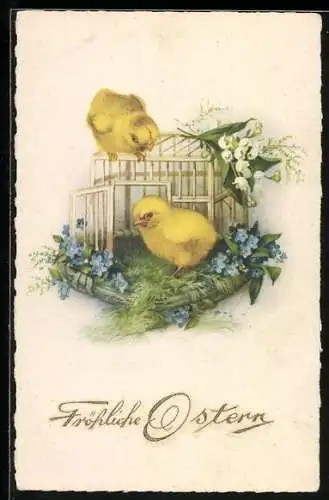AK Osterküken mit Blumen, Fröhliche Ostern