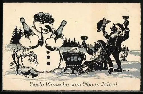 AK Zwerge feiern Neujahr mit Schneemann