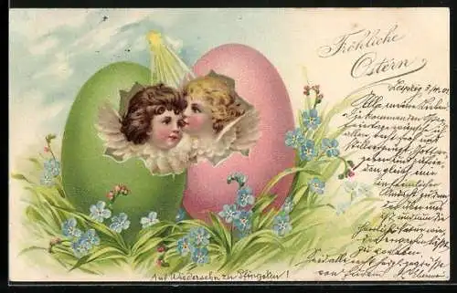AK Fröhliche Ostern, Osterengel und Ostereier