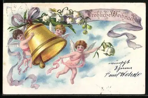 AK Fröhliche Ostern, Osterengel läuten die Glocke