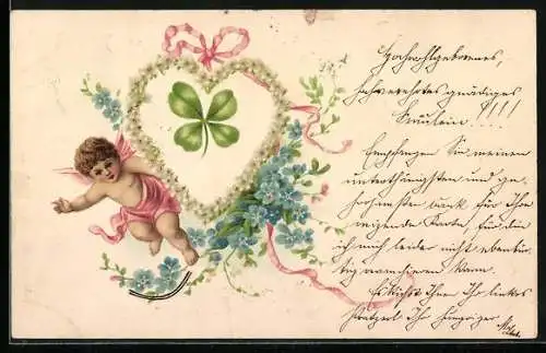 AK Engel mit Herz aus Blumen und Kleeblatt