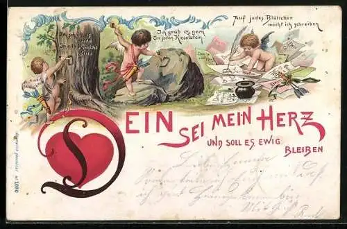 AK Amor ritzt Buchstaben in Rinde und Stein, schreibt Brief, Herz