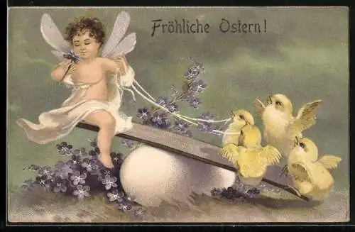 AK Osterküken und kleiner Elf auf einer Wippe, Fröhliche Ostern