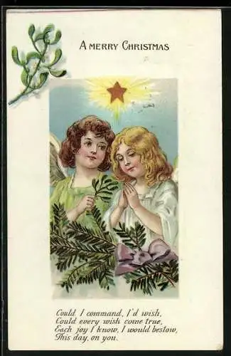 AK Weihnachtsengel unter einem leuchtenden Stern, Mistelzweig