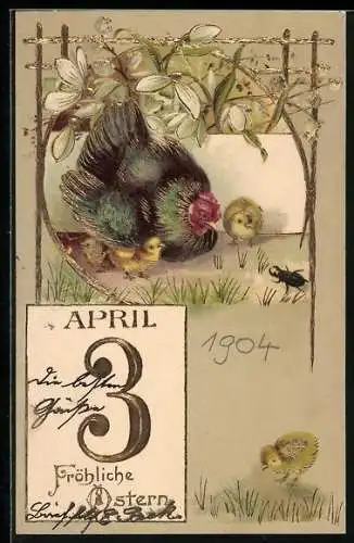 Präge-AK Henne mit Osterküken und Kalenderblatt