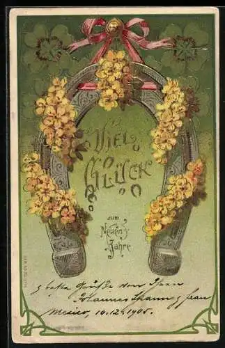 Präge-AK Hufeisen geschmückt mit Blumen, Viel Glück zum Neuen Jahre