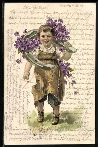 AK Kleiner Schmied mit Hufeisen, Brief und Blüten