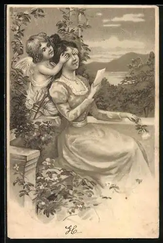 AK Amor hält junger Frau die Augen zu