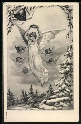 AK Weihnachtsengel schwebt über verschneitem Wald