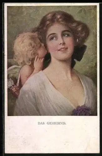 Künstler-AK M. Munk Nr.1089: Das Geheimnis, Amor flüstert schöner Frau ins Ohr