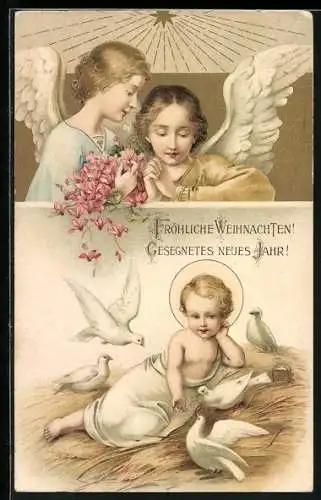 AK Weihnachtsengel und Christkind im Stroh