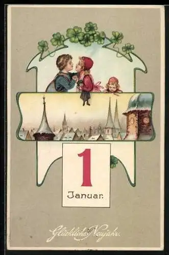 Präge-AK Kinder vor einem Kuss, Ort im Schnee, Kalenderblatt, Neujahr