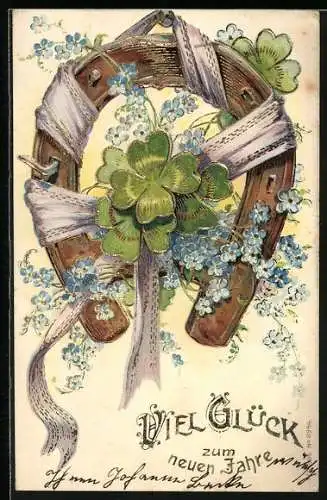 Präge-AK Neujahr, Hufeisen mit Vergissmeinnicht und Kleeblättern