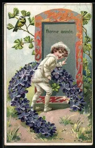 Präge-AK Kleiner Junge mit Hufeisen aus Veilchen, Bonne année