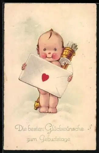 AK Amor mit Pfeilen und Liebesbrief, Glückwünsche zum Geburtstag