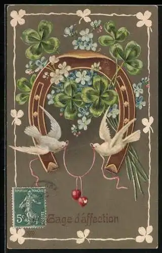 Präge-AK Hufeisen mit Kleeblättern, weissen Tauben und Blumen
