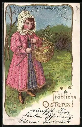 AK Fröhliche Ostern, Mädchen mit Korb voller bunter Ostereier