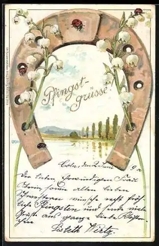 AK Hufeisen, Pfingstgrüsse mit Maiglöckchen und Marienkäfern