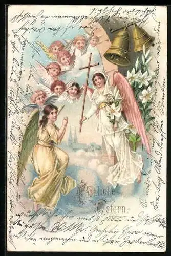 AK Osterengel mit Lilien und Glocken