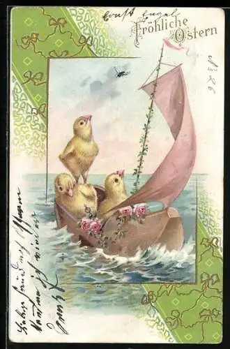 AK Osterküken in einem Holzschuh-Segelboot