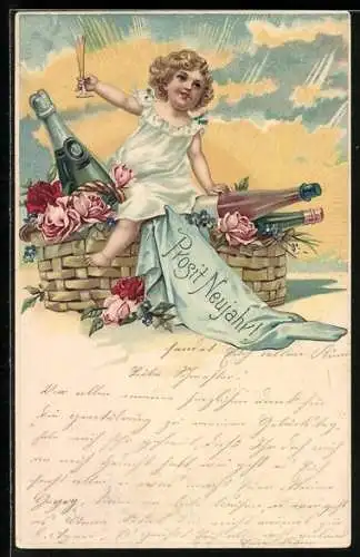 AK Kind mit Sektkorb stösst zu Neujahr an