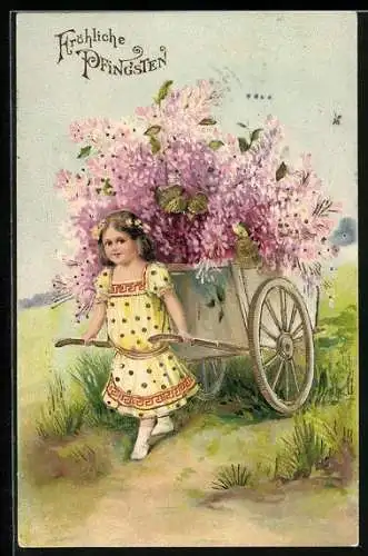 Präge-AK Fröhliche Pfingsten, Kind zieht Karre voller Fliederblüten