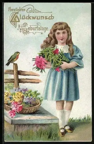 AK Glückwunsch zum Geburtstag, Mädchen mit Singvogel und Blumen
