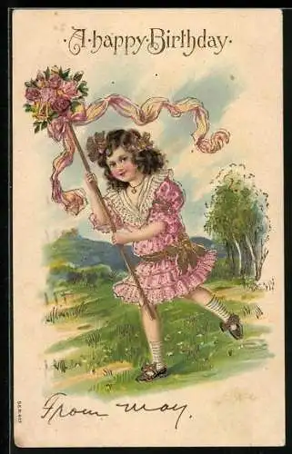 Präge-AK Mädchen läuft mit Blumen über eine Wiese, A happy Birthday