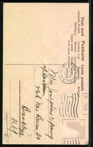 Präge-AK Mädchen läuft mit Blumen über eine Wiese, A happy Birthday