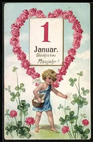 AK Neujahrsengel mit Rosen-Herz und Kalenderblatt