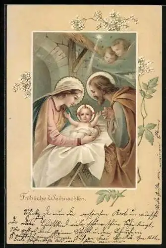 Präge-AK Weihnachtsengel betrachten Jesus, Maria und Josef