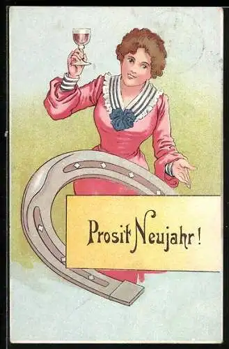 AK Dame mit Hufeisen und Weinglas zu Neujahr