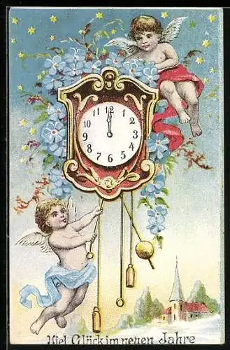 AK Neujahrsengel mit Wanduhr und Vergissmeinnicht